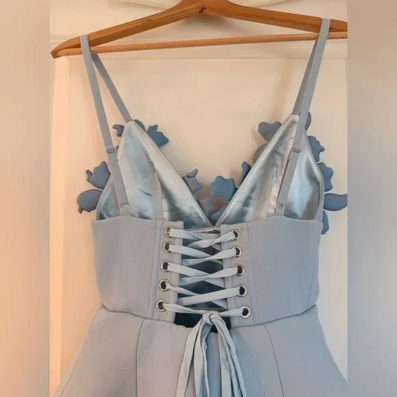 NWOT BRONX AND BANCO Emma Powder Blue Floral Mini Dress, Wedding Guest dress - Picture 9 of 11